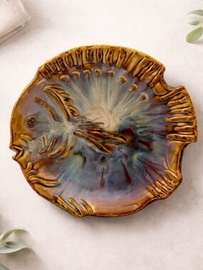 Mid-Century Signed Studio Art Pottery Fish Dish Coastal Blue Cream Caramel Glaze